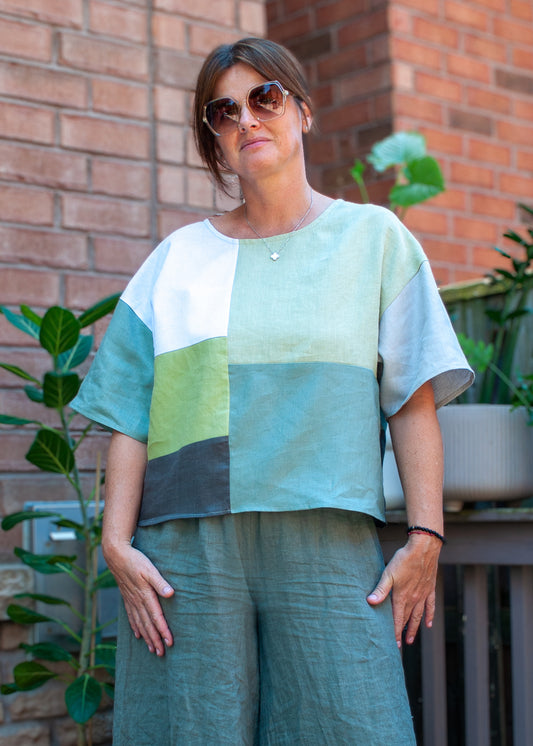 Linen Patchwork Blouse In Sage Green