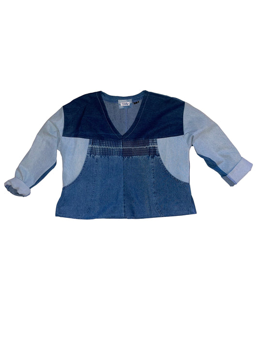 Denim Patchwork V-Neck Top