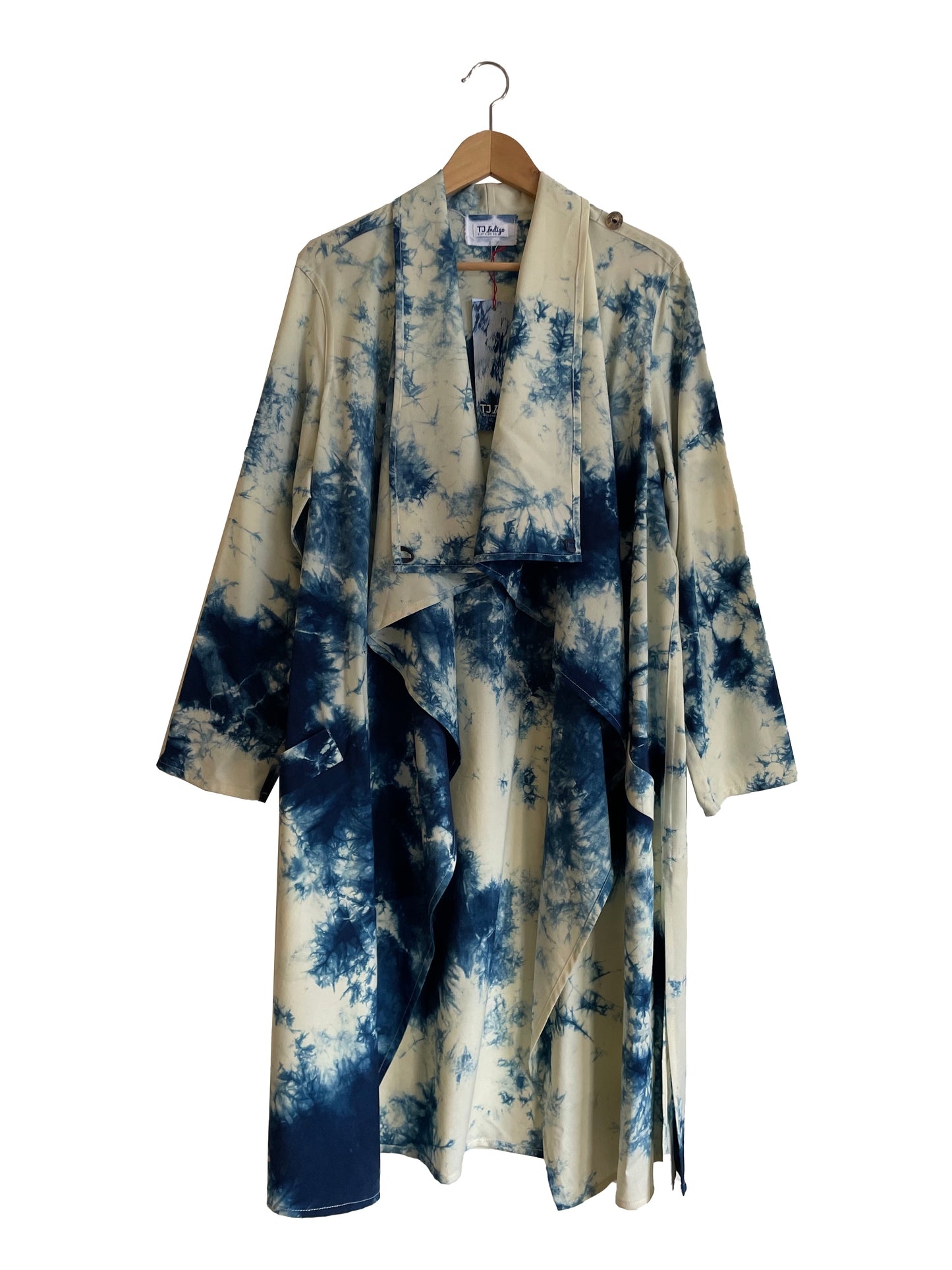 Cream and Indigo Wool Waterfall Coat with Organic Indigo Splashes