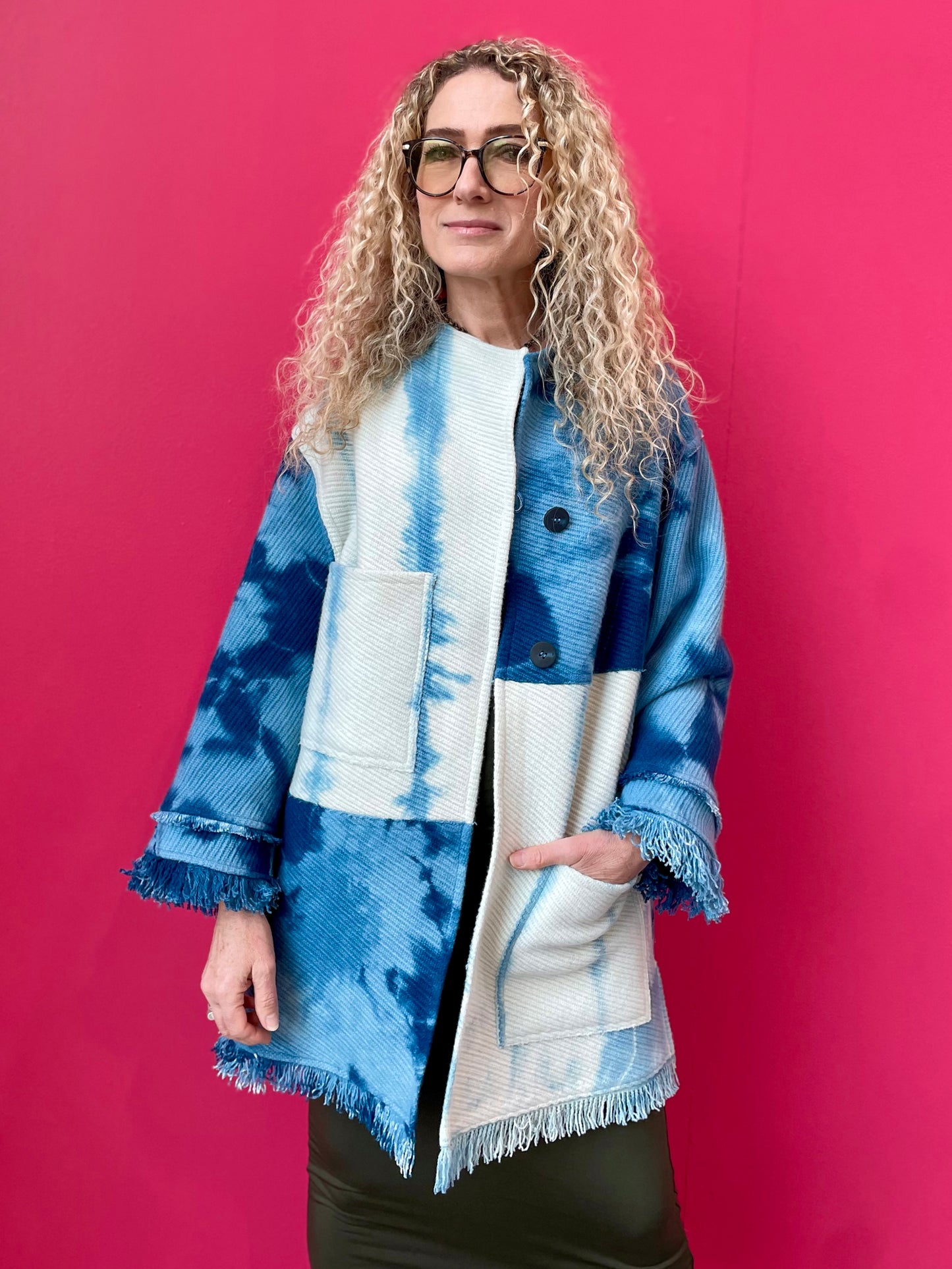 Shibori Patchwork Wool Coat – White and Indigo