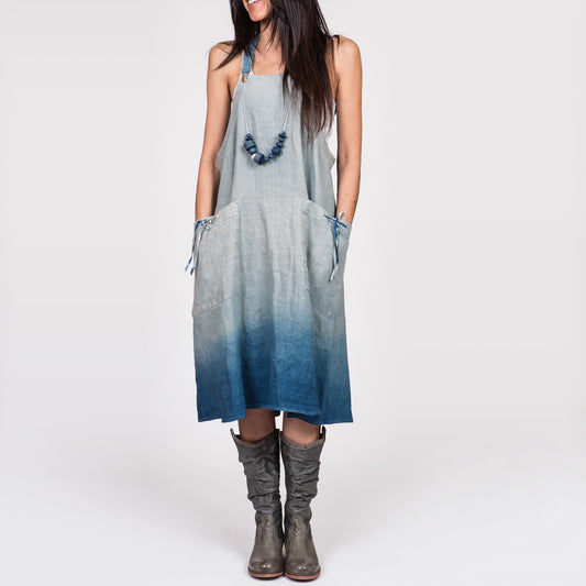 TJ Indigo Linen Pinafore Apron Dress