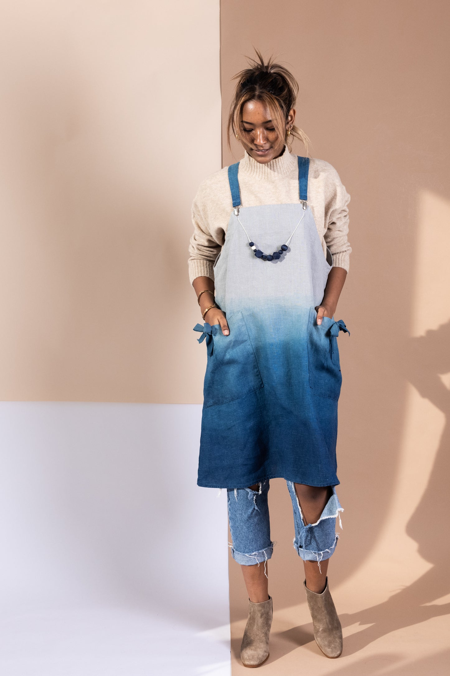 TJ Indigo Linen Pinafore Apron Dress