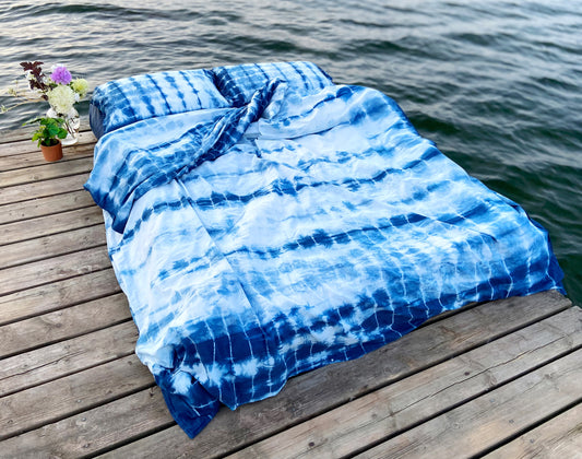 Cotton Bedding Set in Natural Indigo Shibori